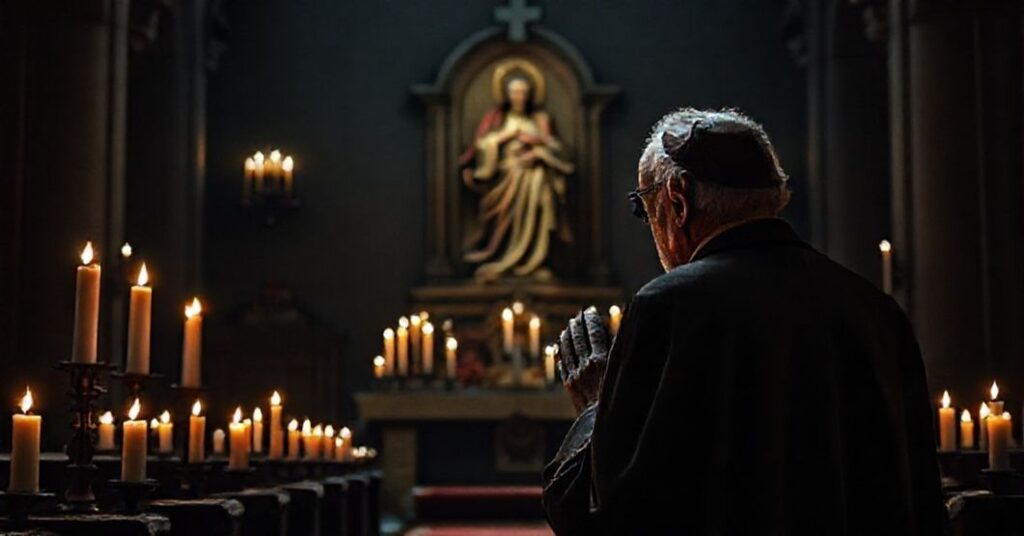 Sobór katolicki w ciemnościach z staruszkiem w sutannie modlącym się przed wizerunkiem Serca Jezusowego.
