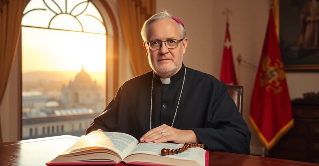 Portret kardynała Augusta Hlonda w tradycyjnym stroju biskupim z otwartą Biblią i różańcem na biurku z widokiem na Warszawę