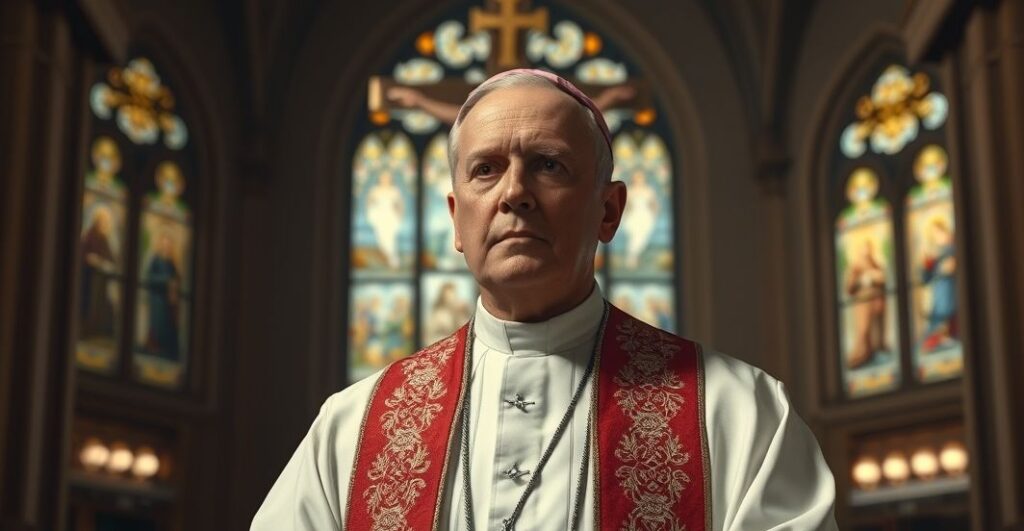 Siedzący katolicki duchowny w tradycyjnych szatach, w poważnej postawie, w surowym wnętrzu kościoła z krucyfiksem i witrażami, symbolizujący krytykę modernistycznej herezji.