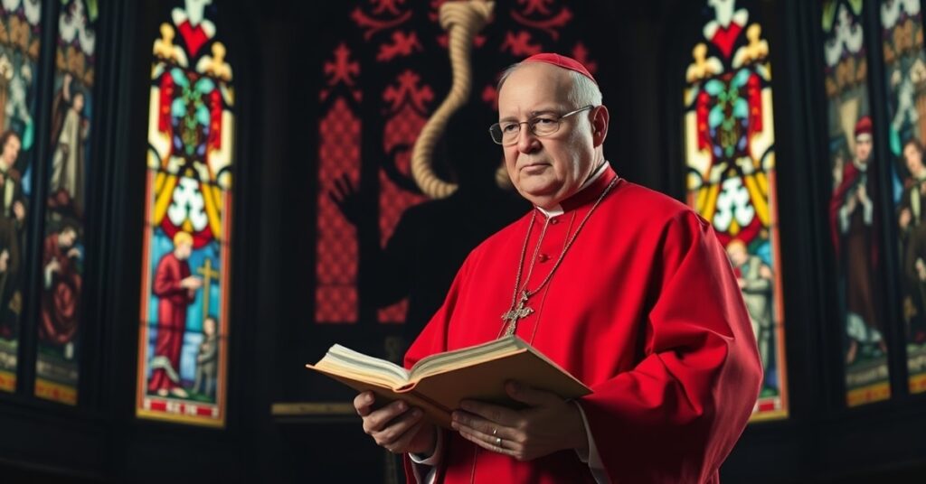 Kardynał w tradycyjnych szatach trzyma Biblię w kościele, na tle symbolu szubienicy z ustawy C-9