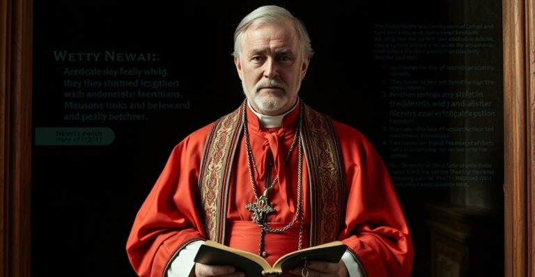 Postać Kardynała Johna Henry'ego Newmana w tradycyjnym stroju kardynalskim, stojąca w półmroku kaplicy z otwartą Biblią i zerwanymi łańcuchami u jego stóp, symbolizująca jego rzekomą konwersję.