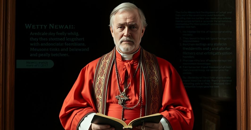 Postać Kardynała Johna Henry'ego Newmana w tradycyjnym stroju kardynalskim, stojąca w półmroku kaplicy z otwartą Biblią i zerwanymi łańcuchami u jego stóp, symbolizująca jego rzekomą konwersję.