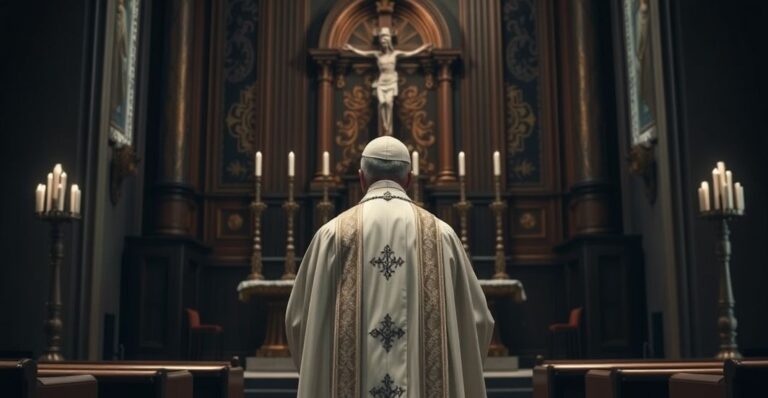 Kardynał w tradycyjnym stroju katolickim przed ołtarzem, symbolizujący krytykę nowoczesnego odchylenia od prawdziwej wiary katolickiej