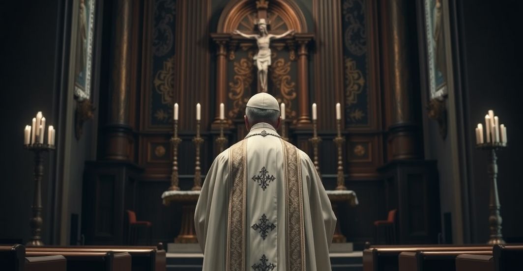 Kardynał w tradycyjnym stroju katolickim przed ołtarzem, symbolizujący krytykę nowoczesnego odchylenia od prawdziwej wiary katolickiej
