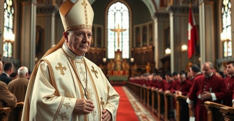 Rekreacja kapłana w tradycyjnym stroju katolickim w kościele, wyrażająca krytykę wobec kolaboracji z reżimem komunistycznym i zdrady Chrystusa