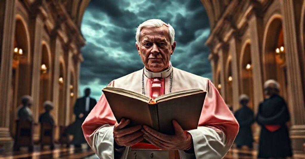 Kardynał katolicki trzyma Biblię w tradycyjnym kościele, tło przedstawia burzliwe niebo symbolizujące upadek moralny