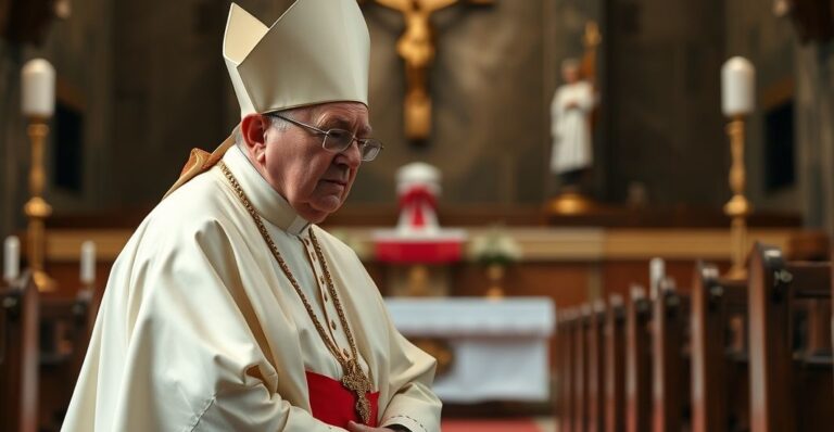 Realistyczne zdjęcie starszego katolickiego biskupa w liturgicznym stroju, ukazujące refleksję i krytykę posoborowego duchowieństwa, w kontekście śmierci i duchowej pustki