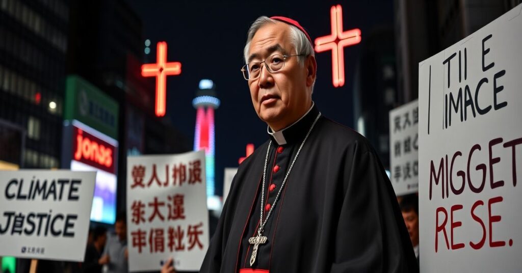 Portret kardynała Tarcisio Isao Kikuchi w tradycyjnych szatach kardynalskich na tle nowoczesnego japońskiego miasta z transparentami dotyczącymi ekologii i migracji