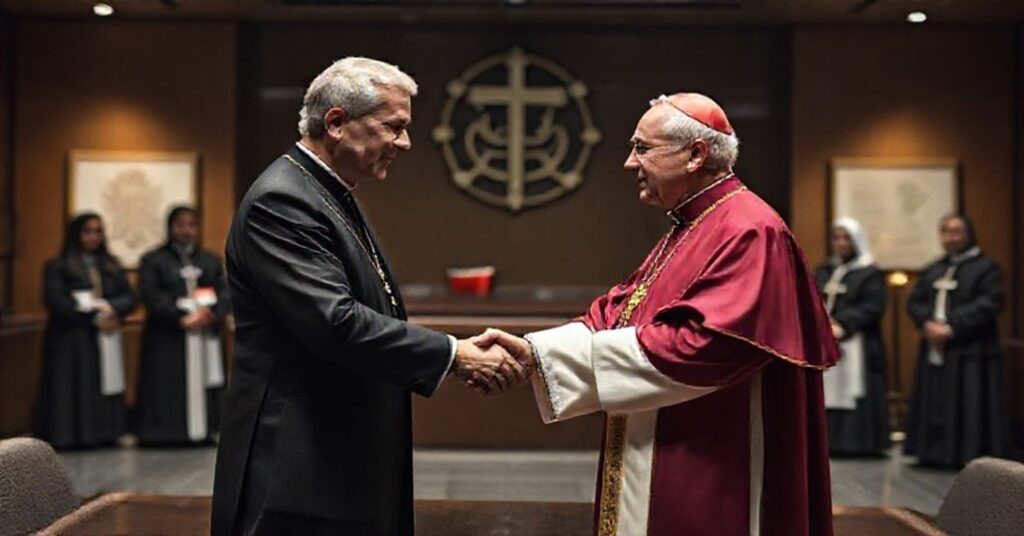 Obraz przedstawiający mianowanie Kurta Kocha na prezydenta Pomocy Kościołowi w Potrzebie przez antypapieża Leona XIV w nowoczesnym, ekumenicznym biurze. Tło pokazuje symbole heretyczne i dokumenty reprezentujące apostazję. W tle stoi grupa wiernych katolików w tradycyjnych strojach.