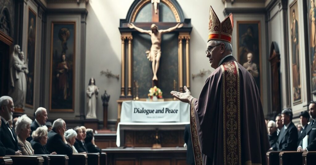 Obraz przedstawiający kontrast między tradycyjnym katolickim ołtarzem z Chrystusem na krzyżu a modernistycznym 'kardynałem' George'em Koovakadem podczas wystąpienia w Senacie. Otoczony jest świeckimi działaczkami, co symbolizuje odrzucenie panowania Chrystusa na rzecz utopijnego humanizmu.