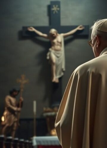 Kardynał w kościele rozważający kryzys wiary i zdradę duchowieństwa Szczegółowe zdjęcie katolickiego duchownego w kościele, rozważającego kryzys Kościoła i upadek autentycznej wiary z perspektywy sedevacantistycznej