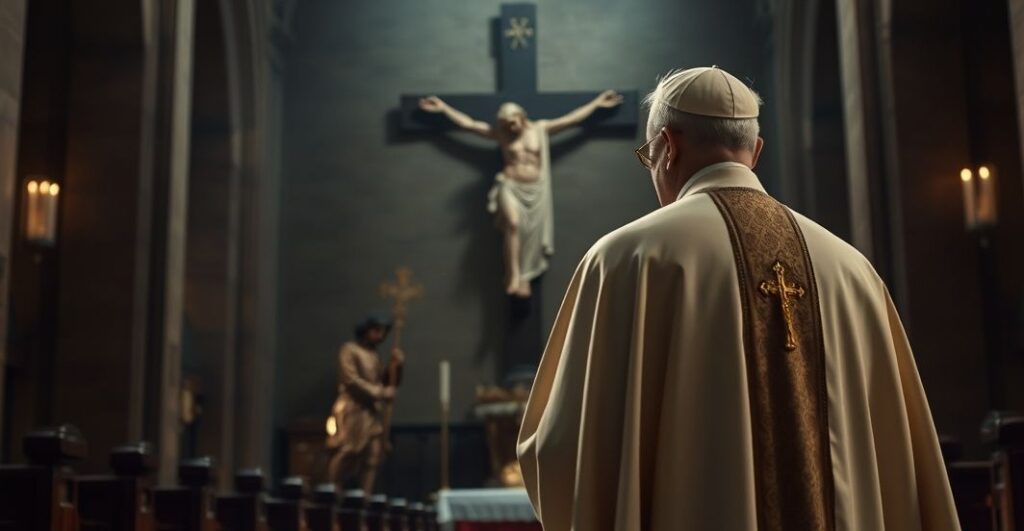 Szczegółowe zdjęcie katolickiego duchownego w kościele, rozważającego kryzys Kościoła i upadek autentycznej wiary z perspektywy sedevacantistycznej