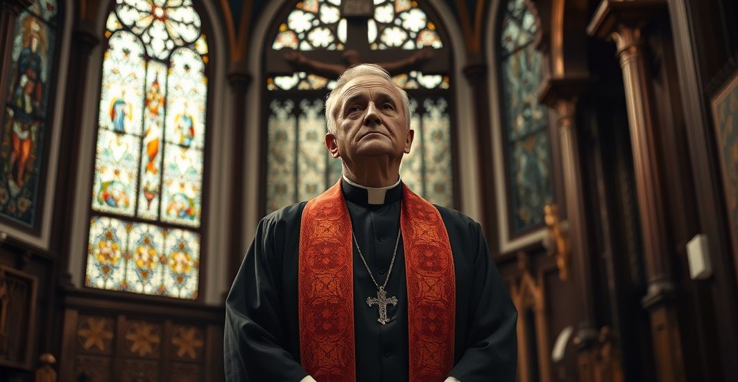 Kardynał w sutannie w kościele z krucyfiksem, wyraz głębokiego zatroskania nad atakami na życie nienarodzonych, realistyczne i pełne powagi zdjęcie.