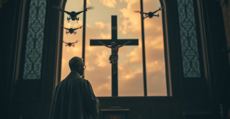 Kapłan w tradycyjnych szatach stojący przed krucyfiksem w kościele, z dronami na niebie symbolizującymi zagrożenia polityczne, podkreślając duchowe napięcie i krytykę współczesnego świata