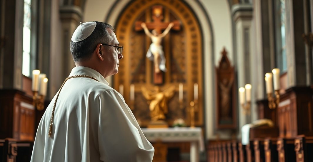 Kardynał w tradycyjnym stroju katolickim w kościele, symbolizujący duchową powagę i odrzucenie współczesnych błędów, refleksja nad brakiem królestwa Chrystusa w polityce