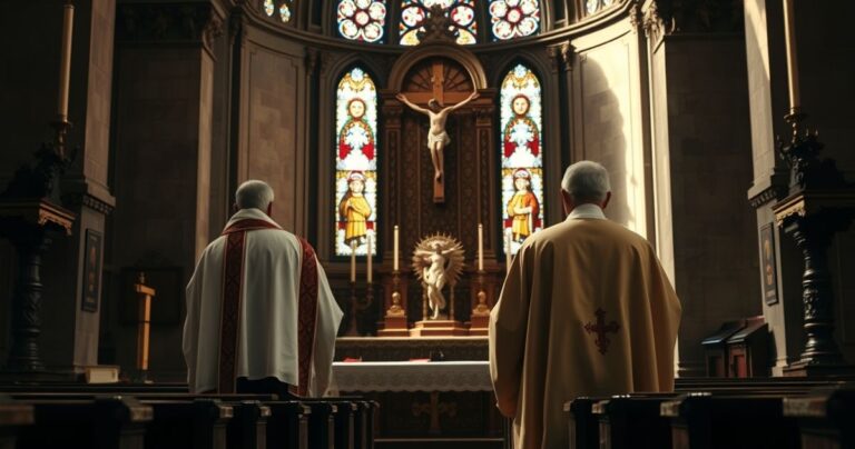 Kardynał w starym kościele z krucyfiksem, symbolizujący prawdziwy katolicki autorytet i krytykę modernistycznej dyplomacji bez Chrystusa