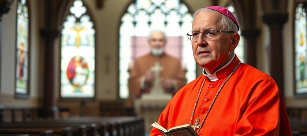Kardynał Konrad Krajewski w tradycyjnym kościele katolickim, otoczony symbolami apostazji i dezorientacji