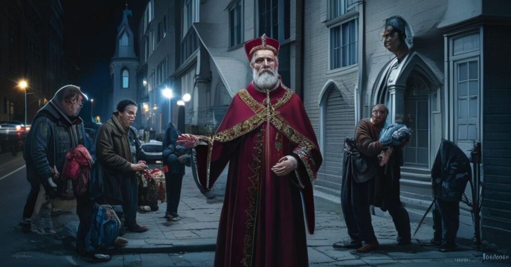 Kardynał Konrad Krajewski rozdaje pomoc materialną bezdomnym na ulicy w Rzymie, ignorując potrzebę duchowej pomocy.