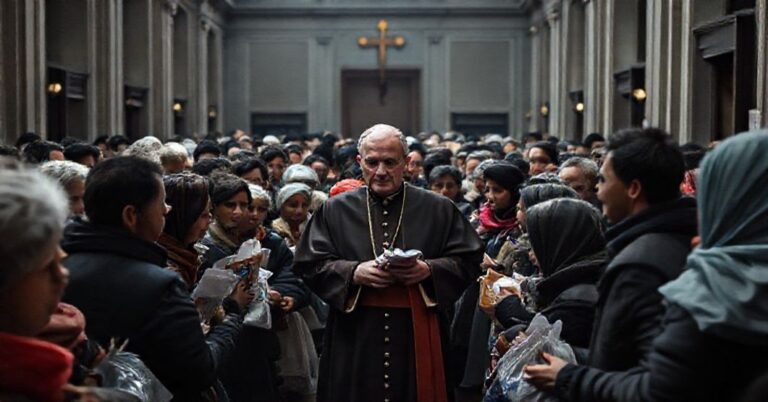 Scena w Palazzo Migliori z "kardynałem" Konradem Krajewskim rozdającym pomoc materialną osobom w potrzebie. Obraz symbolizuje redukcję miłosierdzia chrześcijańskiego do naturalistycznej filantropii.