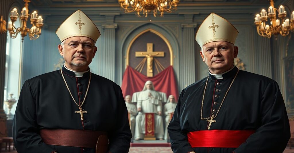 Portret kardynała Konrada Krajewskiego i Grzegorza Rysia w tradycyjnym stroju kościelnym w pokoju pełnym modernistycznych elementów kościelnych.