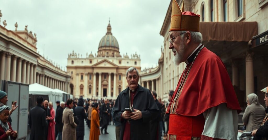 Kardynał Konrad Krajewski w Rzymie przy kościele św. Piotra otoczony przez ludność bezdomną i nowoczesne urządzenia takie jak prysznice i fryzjerstwo