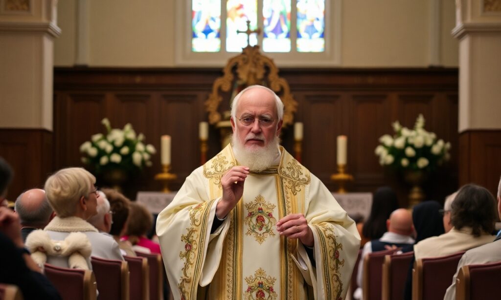 Kardynał Konrad Krajewski z pastorałem Dobrego Pasterza w tradycyjnym kościele katolickim