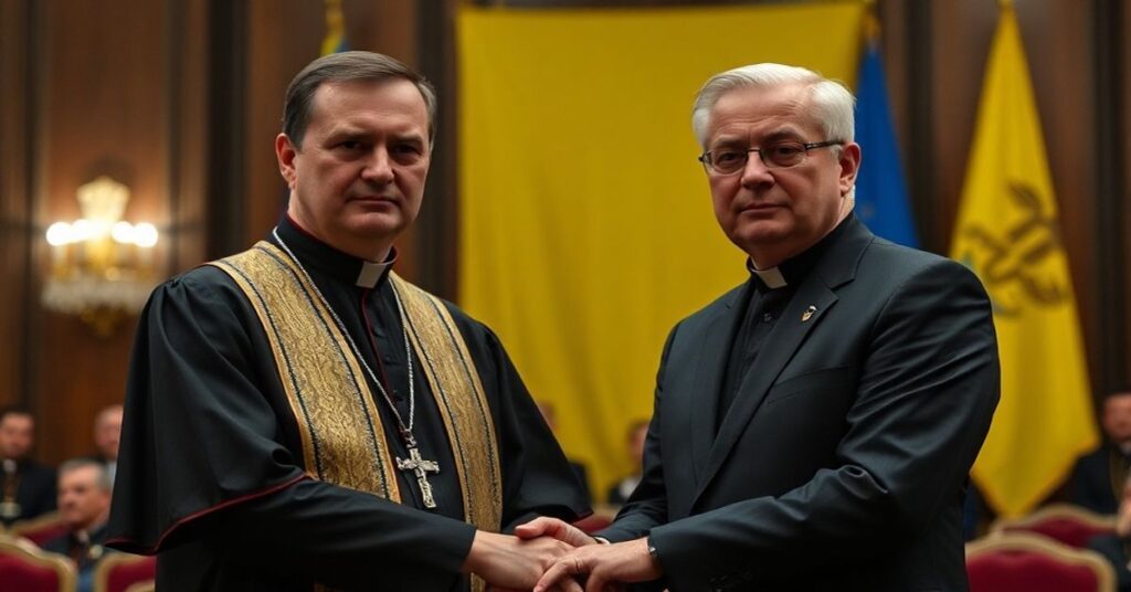 Sobierajacy portret kardynała Konrada Krajewskiego w stroju cerkiewnym podczas odbierania odznaczenia od prezydenta Ukrainy Wołodymyra Zełenskiego w uroczystej sali rządowej.