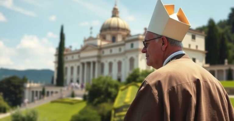 Kardynał w tradycyjnym stroju katolickim przed rezydencją papieską w Castel Gandolfo, symbolizujący krytykę modernistycznych i ekologicznych tendencji w Kościele