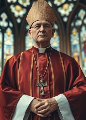 Biskup w tradycyjnym stroju katolickim w kościele, symbolizujący krytykę modernistycznych hierarchów i upadek moralny Kościoła