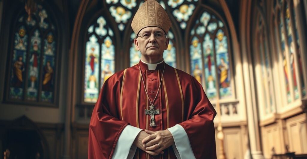 Biskup w tradycyjnym stroju katolickim w kościele, symbolizujący krytykę modernistycznych hierarchów i upadek moralny Kościoła