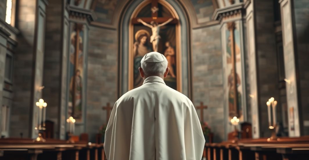 Kardynał w tradycyjnej sutannie przed ołtarzem kościoła, krytykujący nowoczesne odchylenia od nauki Kościoła katolickiego