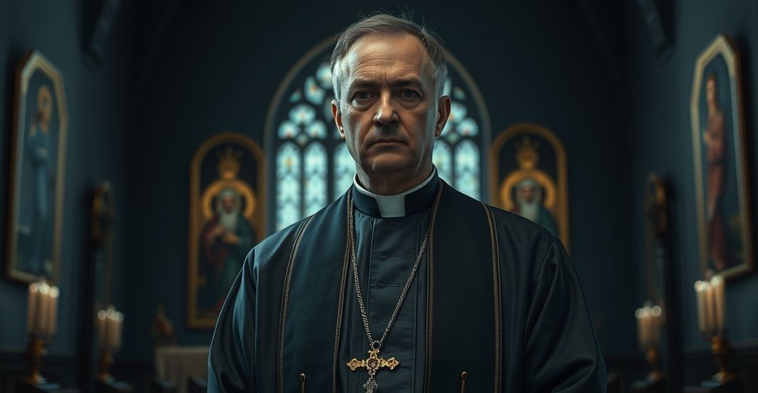 Kardynał w tradycyjnej szacie, w kościele, z poważnym wyrazem twarzy, symbolizujący krytykę modernistycznych zmian w Kościele katolickim