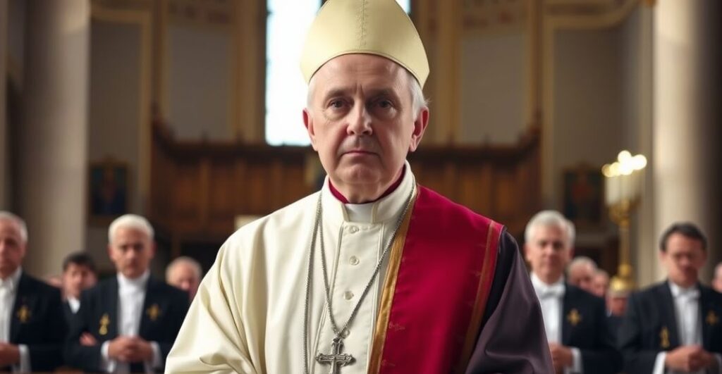 Obraz katolickiego biskupa w tradycyjnych szatach, w poważnej scenie w kościele, symbolizujący krytykę nowoczesnych rozwiązań politycznych i modernistycznych idei w duchu sedevacantistycznym