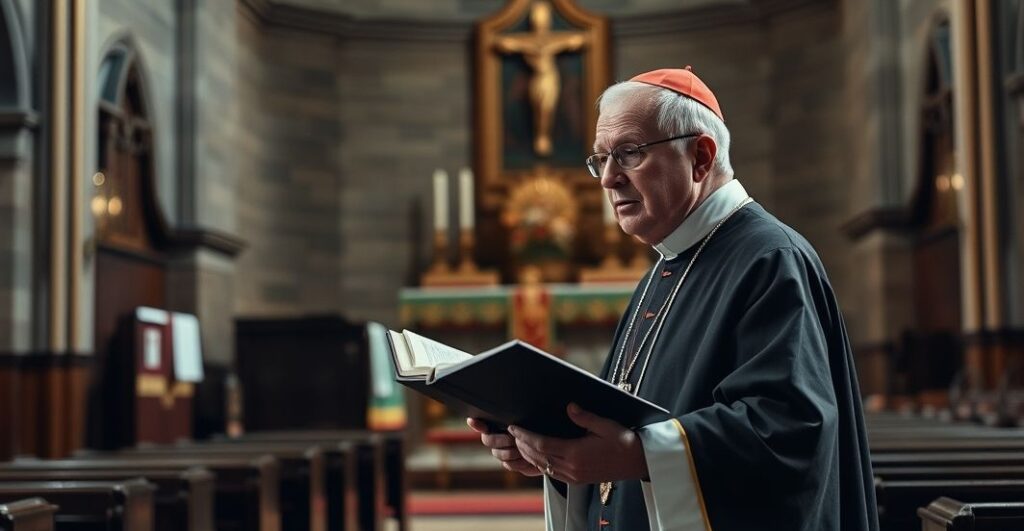 Kardynał w tradycyjnych szatach, wyrażający powagę wobec nowoczesnego papieża i krytykę posoborowego kościoła, w przestrzeni kościelnej z poważnym wyrazem twarzy