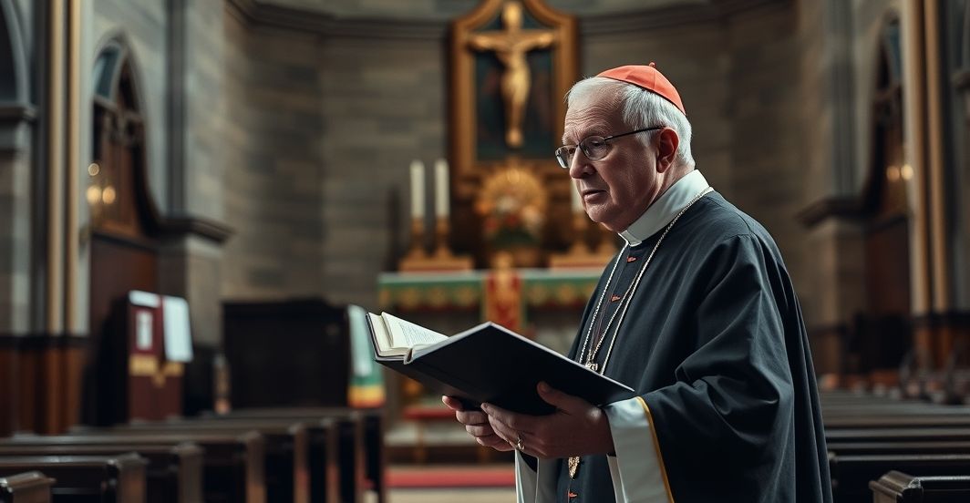 Kardynał krytykuje nowoczesny kościół i papieża Kardynał w tradycyjnych szatach, wyrażający powagę wobec nowoczesnego papieża i krytykę posoborowego kościoła, w przestrzeni kościelnej z poważnym wyrazem twarzy