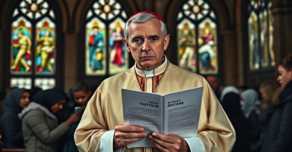 Kardynał w tradycyjnych szatach liturgicznych trzyma dokument o reformie azylowej w Wielkiej Brytanii, na tle grupy uchodźców w kościele o światełkach witrażowych.