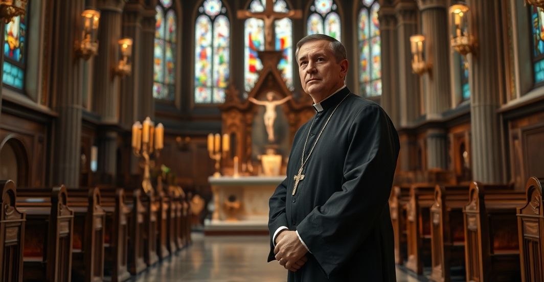 Kardynał w tradycyjnym habicie podczas kazania w katolickiej świątyni, symbolizujący krytykę ekologizmu jako nowej religii