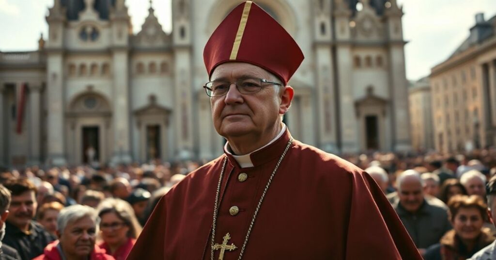 Kardynał Kurt Koch przed katedrą z grupą cierpiących chrześcijan; scena podkreśla fałszywą ekumenizm i zniszczenie Kościoła