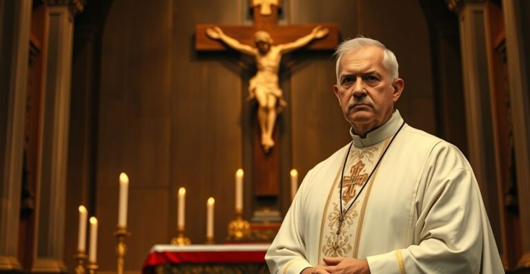 Kardynał w tradycyjnych szatach kapłańskich podczas liturgii, wyrażający powagę i krytykę wobec nowoczesnych zmian w Kościele