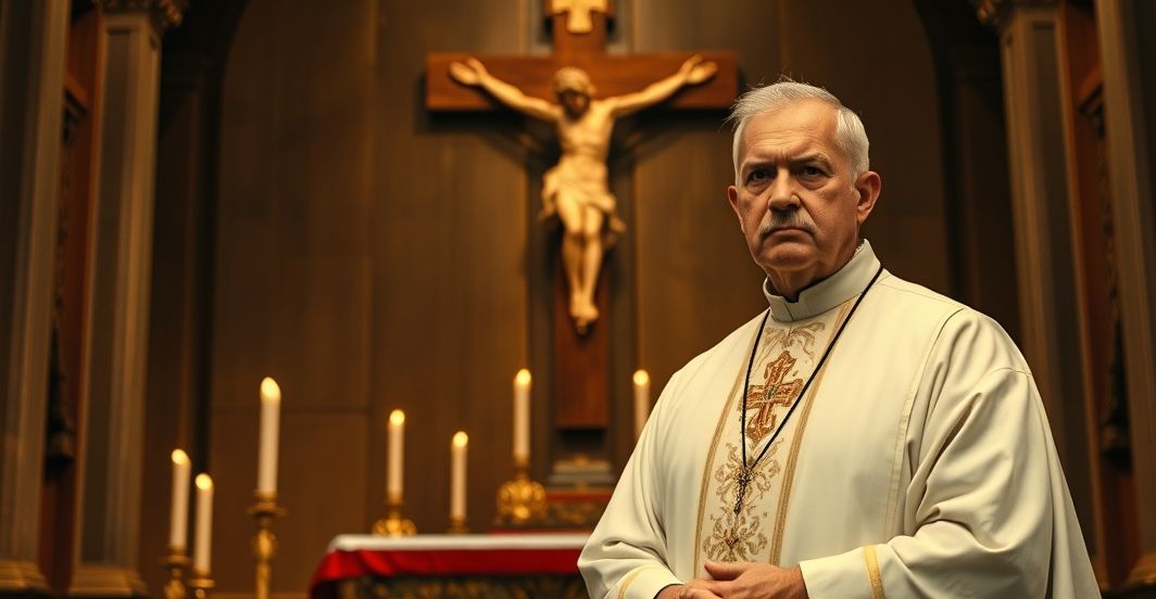 Kardynał w tradycyjnych szatach kapłańskich podczas liturgii, wyrażający powagę i krytykę wobec nowoczesnych zmian w Kościele