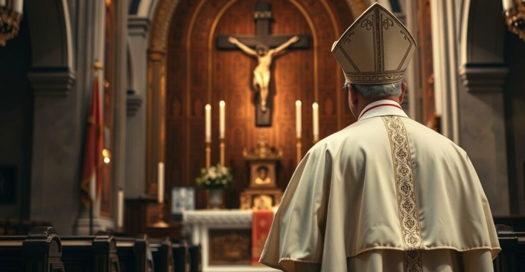 Kardynał w liturgicznych szatach przed ołtarzem, wyraz zatroskania i krytyki wobec modernistycznej zdrady wiary katolickiej, w świątyni.
