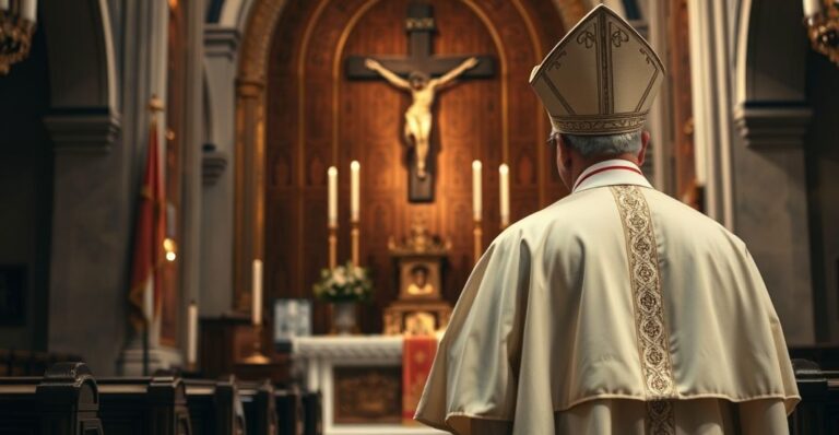 Kardynał w liturgicznych szatach przed ołtarzem, wyraz zatroskania i krytyki wobec modernistycznej zdrady wiary katolickiej, w świątyni.