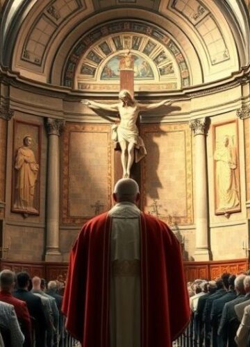 Kardynał w tradycyjnym kościele podczas kryzysu wiary Kardynał w tradycyjnej liturgii w kościele, symbolizujący prawdziwą wiarę katolicką, w kontekście kryzysu wiary i zdrady doktrynalnej