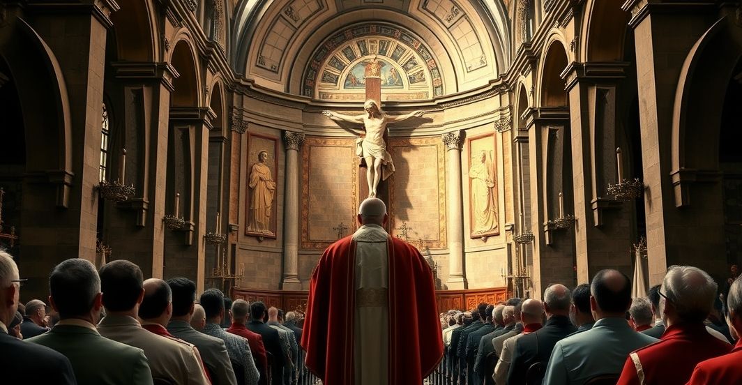 Kardynał w tradycyjnej liturgii w kościele, symbolizujący prawdziwą wiarę katolicką, w kontekście kryzysu wiary i zdrady doktrynalnej