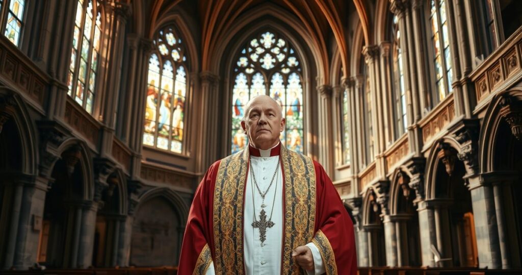 Szlachetny, realistyczny portret biskupa w liturgicznych szatach w świątyni, symbolizujący autorytet i tradycję katolicką w obliczu kryzysu hierarchii