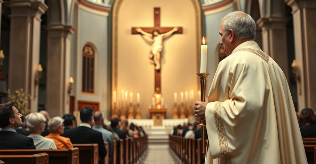 Kardynał w tradycyjnym stroju katolickim podczas liturgii w kościele, symbolizujący wierność doktrynie i przeciwko modernizmowi