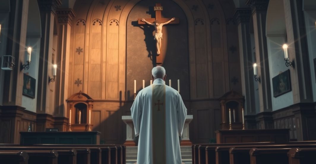 Kardynał w liturgii w tradycyjnej świątyni, wyraz powagi i refleksji, krytyka modernistycznych tendencji w Kościele