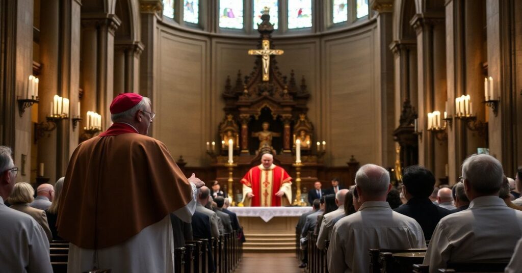 Tradycyjne wnętrze katolickie kościoła św. Mateusza w Waszyngtonie z pseudoliturgią kardynała Roberta McElroya o pokoju