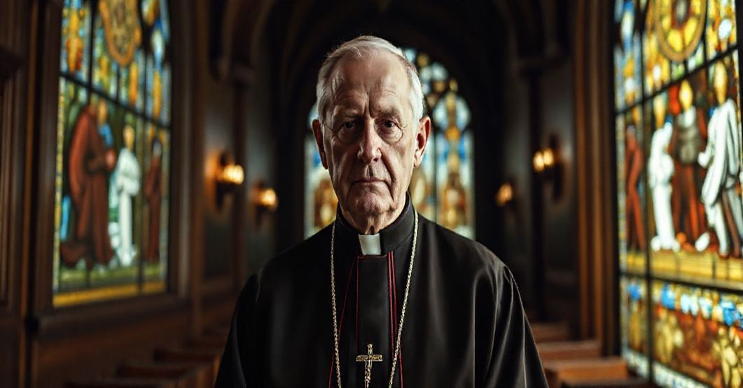 Portret kardynała Józefa Mindszentyego w tradycyjnych szatach kościelnych, stojącego w kaplicy z witrażami przedstawiającymi cierpienia Kościoła.