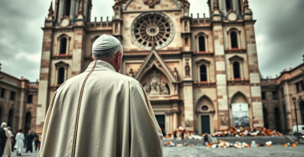 Kardynał katolicki w sutannie przed zniszczoną świątynią, symbolizujący krytykę prześladowań religijnych w Mjanmie